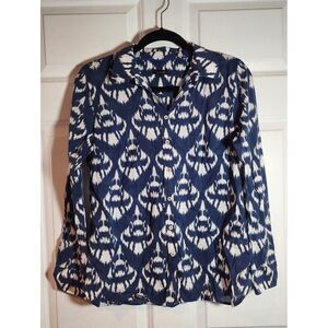 Talbots Womens Navy and White Printed Button-Up Shirt Semi Sheer S
